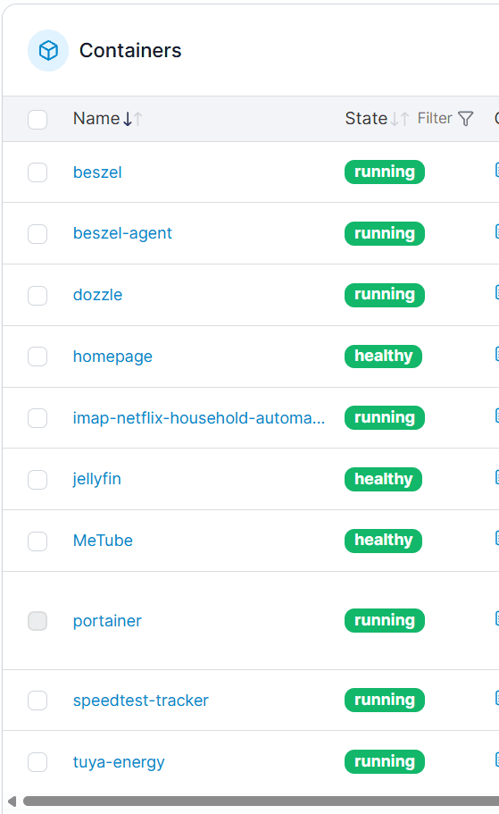 Portainer s kontajnermi na Synology DS225+ a ich aktuálnym stavom